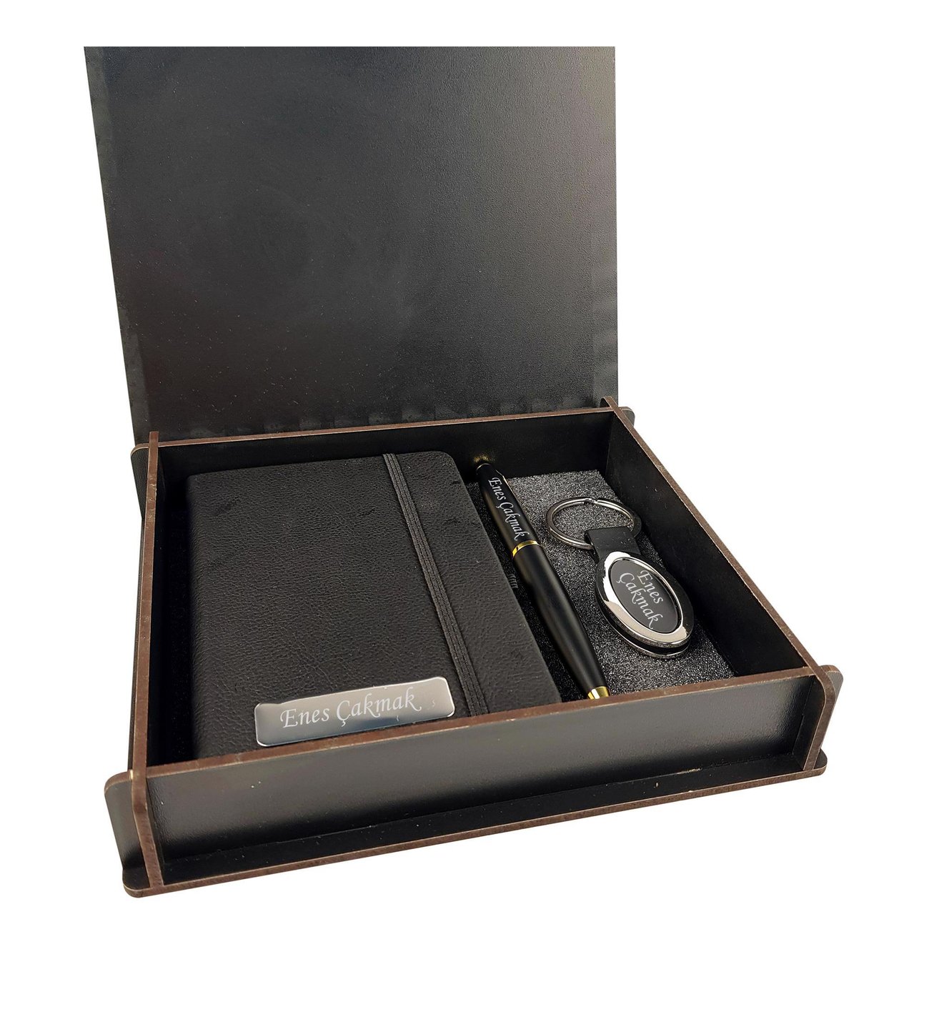 Ahşap Kutulu Kişiye Özel Kalem Defter Anahtarlık Seti