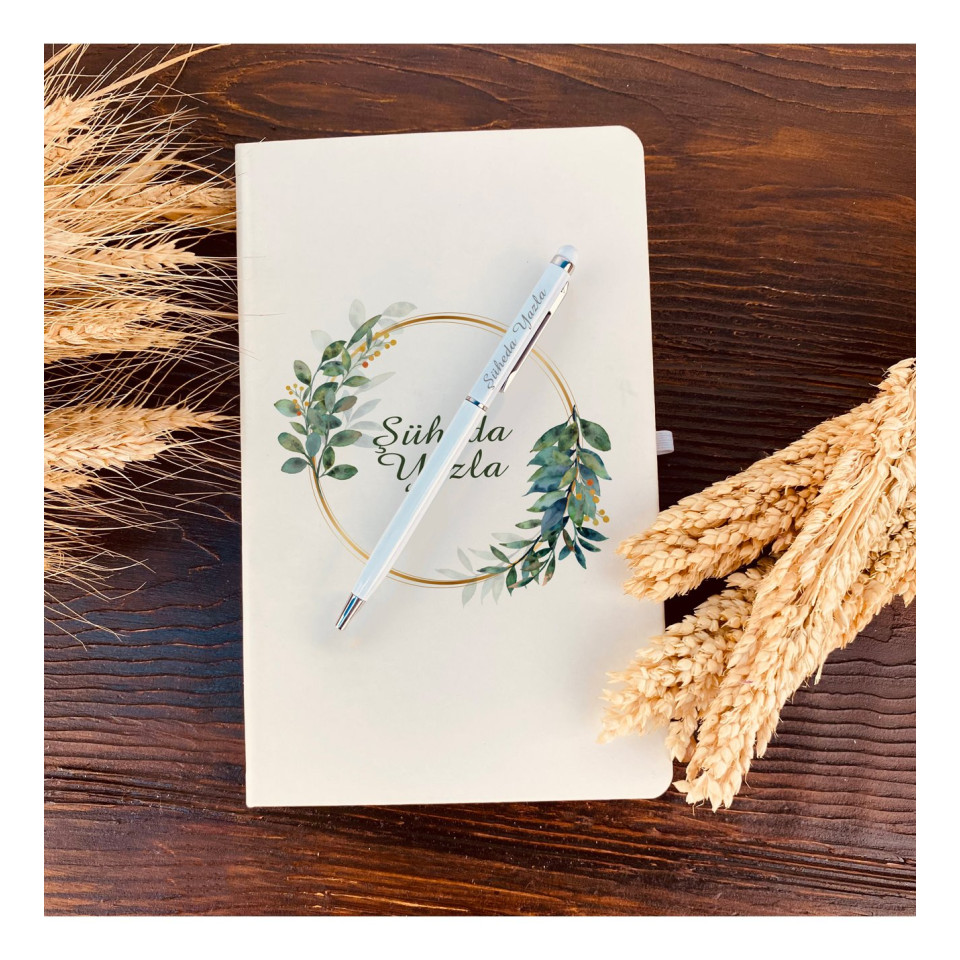 İsme Özel Beyaz Defter Ve Roller Kalem Seti