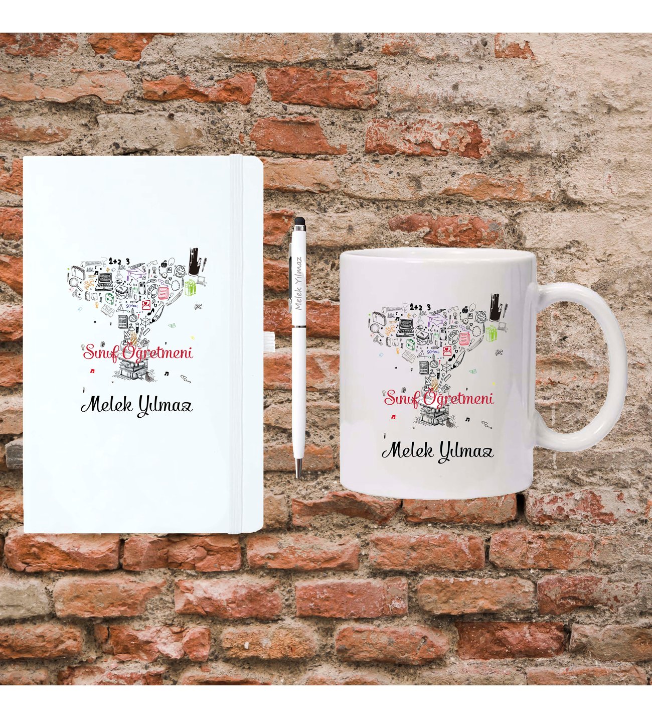 Öğretmenler Günü Hediyesi - Sınıf Öğretmenine Hediye - Kişiye Özel Defter, Kupa ve Kalem Seti