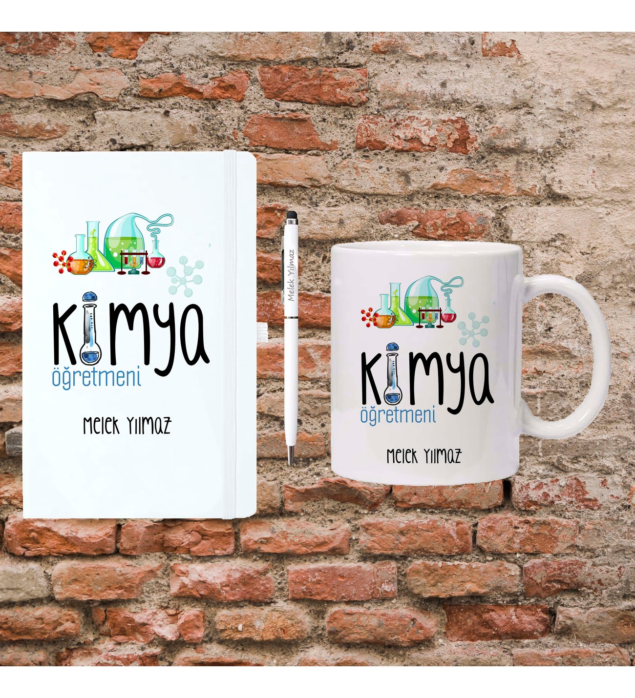 Öğretmenler Günü Hediyesi - Kimya Öğretmenine Hediye - Kişiye Özel Defter, Kupa ve Kalem Seti