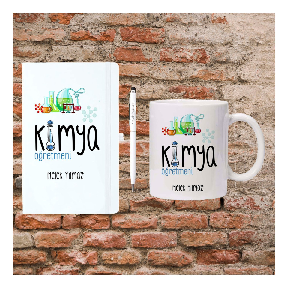 Öğretmenler Günü Hediyesi - Kimya Öğretmenine Hediye - Kişiye Özel Defter, Kupa ve Kalem Seti