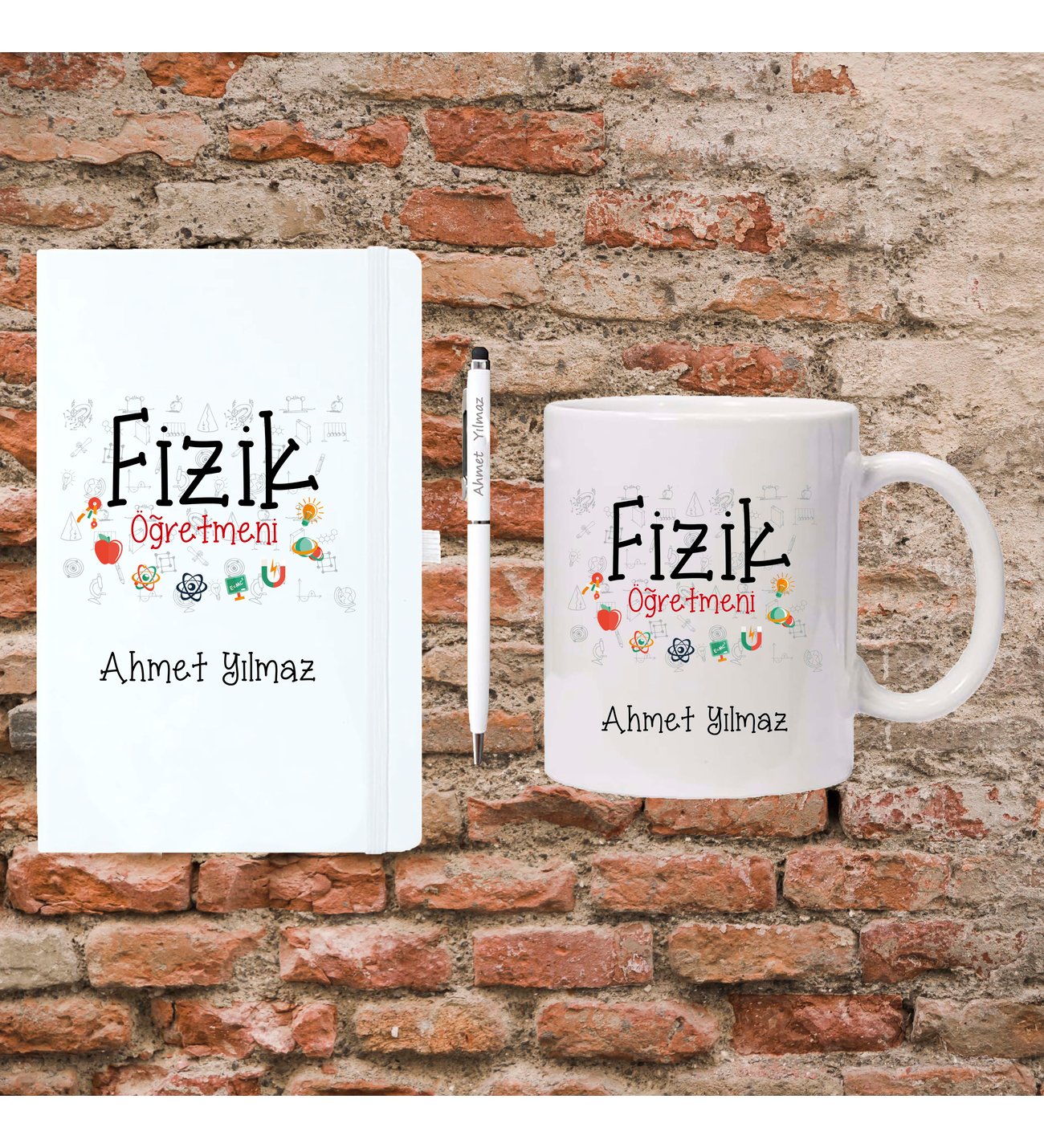 Öğretmenler Günü Hediyesi - Fizik Öğretmenine Hediye - Kişiye Özel Defter, Kupa ve Kalem Seti