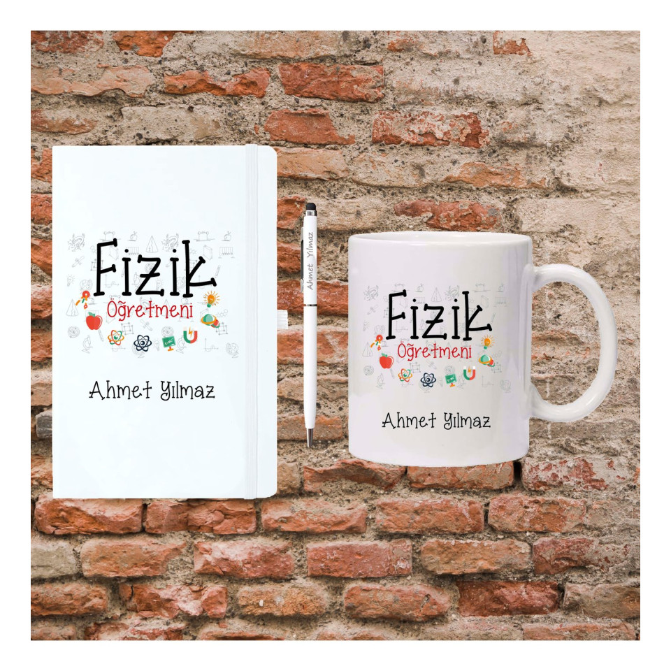 Öğretmenler Günü Hediyesi - Fizik Öğretmenine Hediye - Kişiye Özel Defter, Kupa ve Kalem Seti
