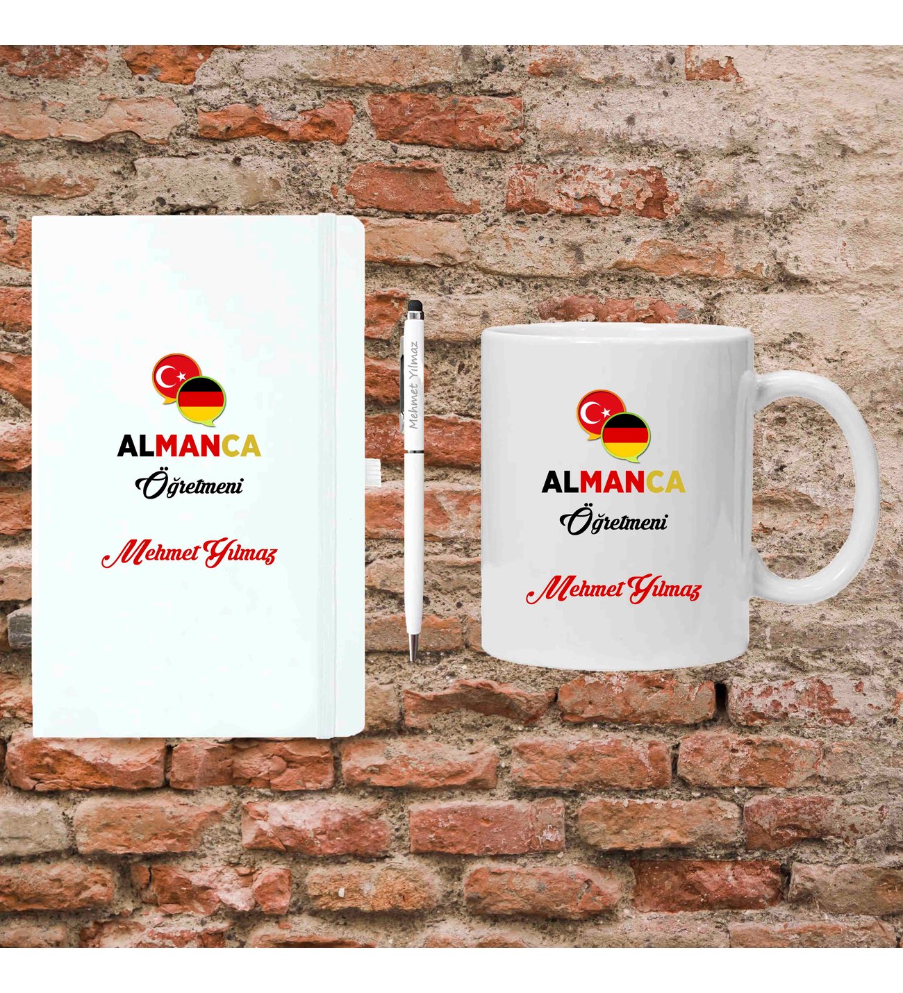 Öğretmenler Günü Hediyesi - Almanca Öğretmenine Hediye - Kişiye Özel Defter, Kupa ve Kalem Seti