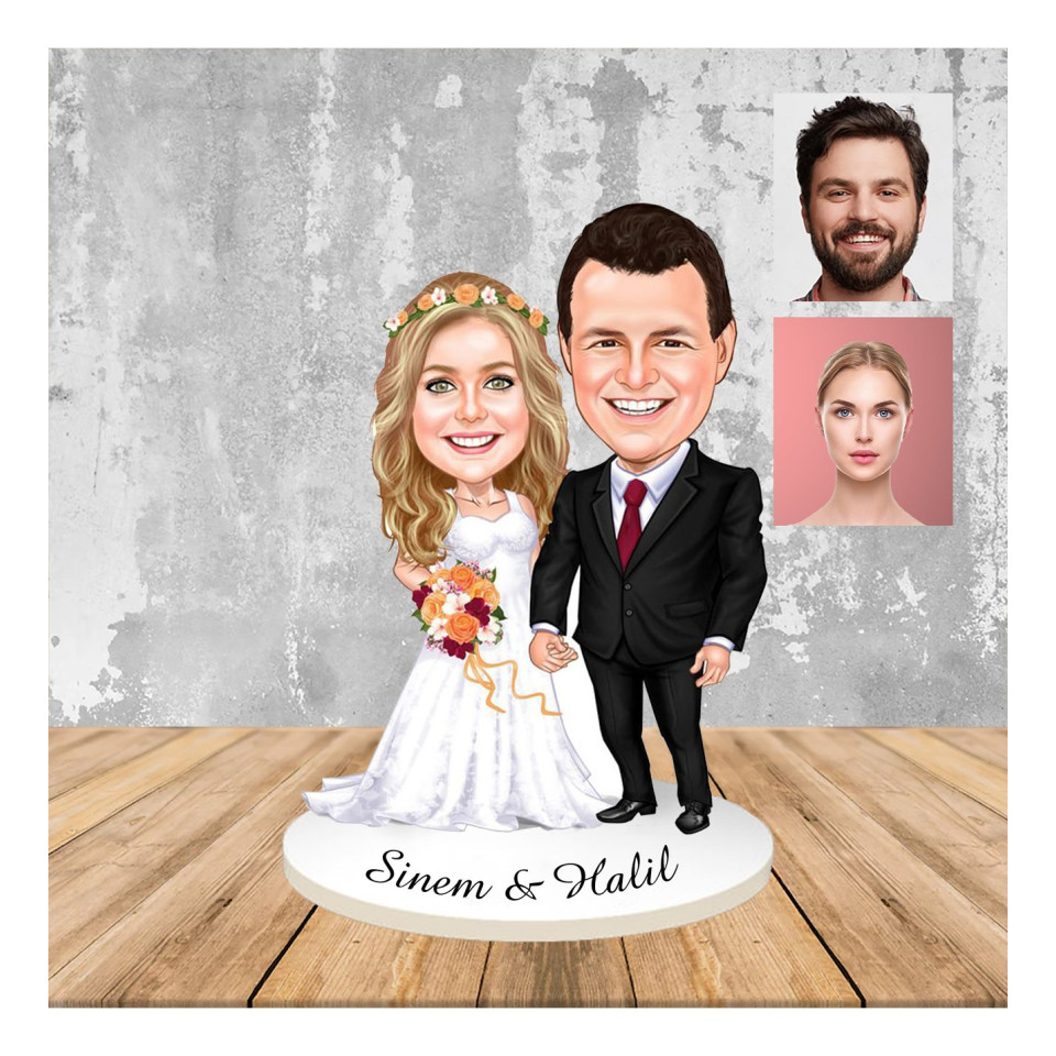 Kişiye Özel Evlilik Modelli Hediye Ahşap Karikatür Biblo