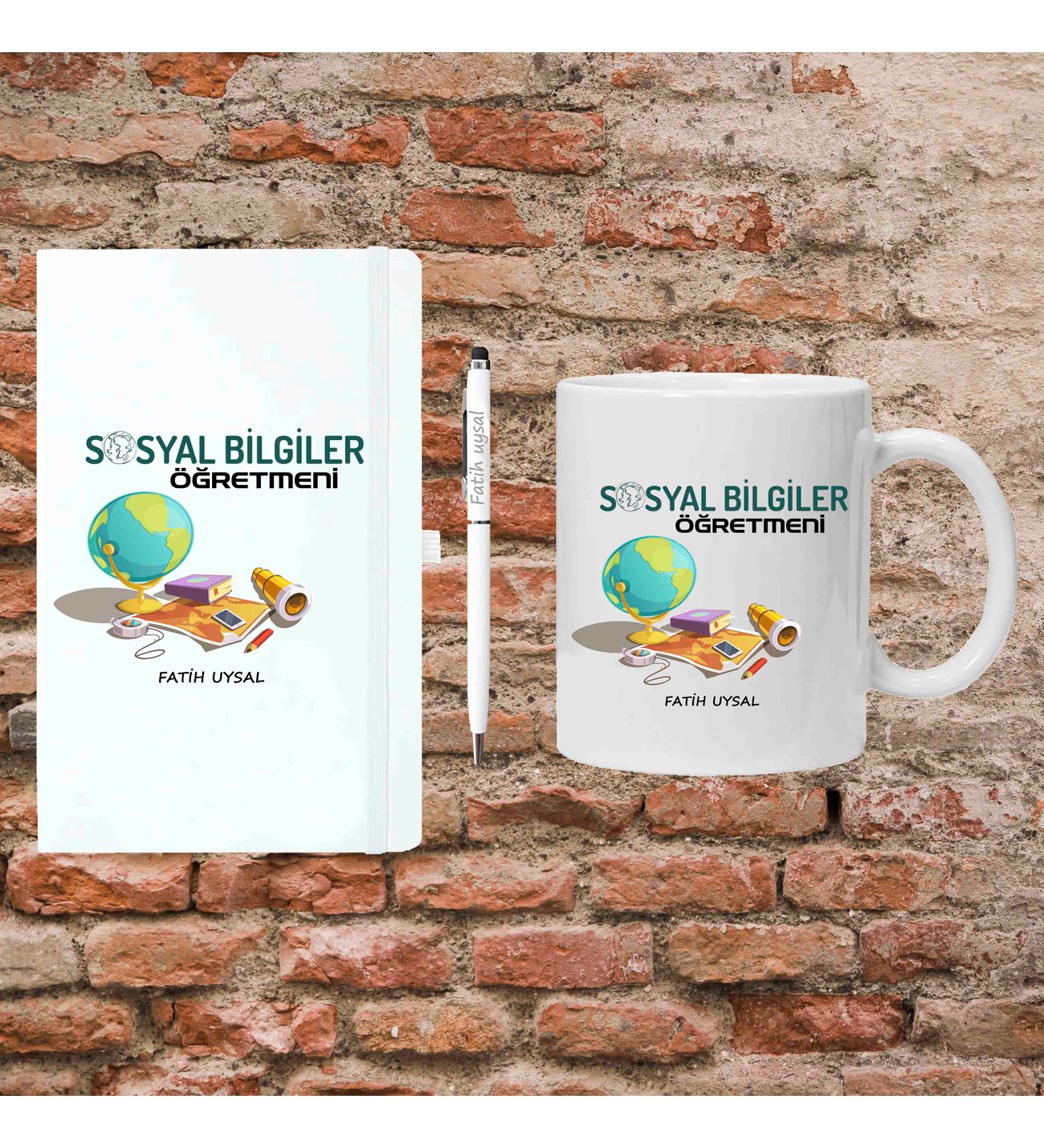 Öğretmenler Günü Hediyesi - Sosyal Bilgiler Öğretmenine Hediye - Kişiye Özel Defter, Kupa ve Kalem Seti