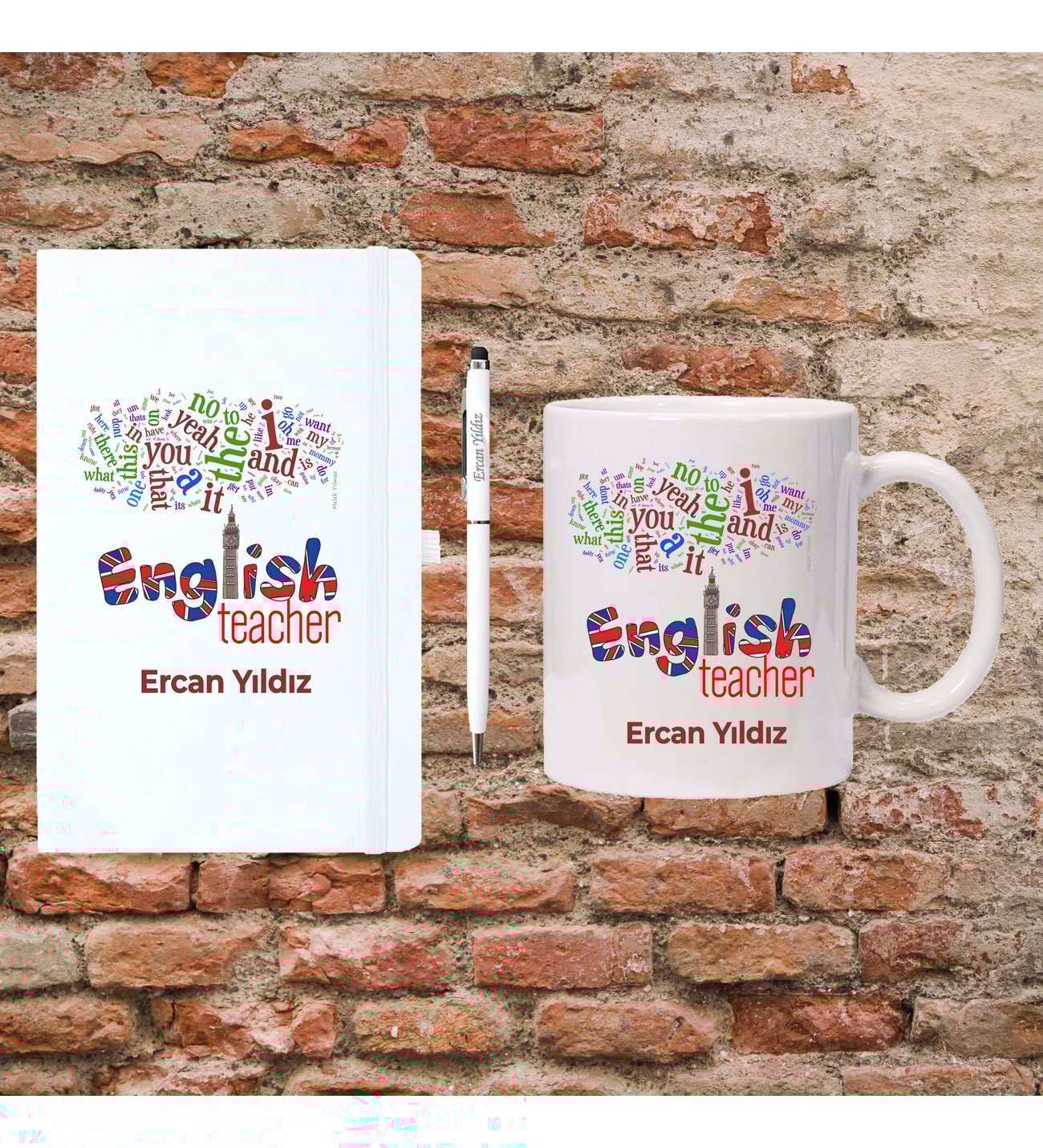 Öğretmenler Günü Hediyesi - İngilizce Öğretmenine Hediye - Kişiye Özel Defter, Kupa ve Kalem Seti