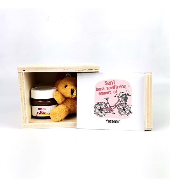 Sevgiliye Hediye Ahşap Kutuda İsme Özel Ayıcık Anahtarlık Ve Nutella Seti