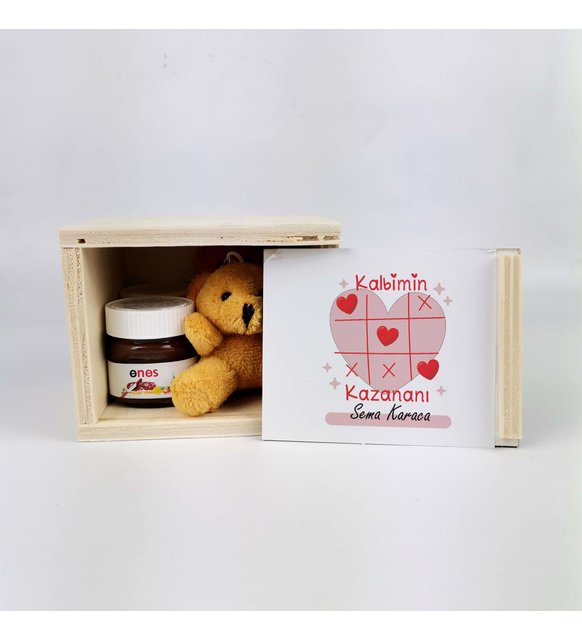 Sevgiliye Hediye Ahşap Kutuda İsme Özel Kalbimin Kazananı Ayıcık Anahtarlık Ve Nutella Seti