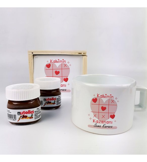 Sevgiliye Hediye Ahşap Kutuda İsme Özel Kalbimin Kazanını Tasarımlı Fincan Ve Nutella Seti