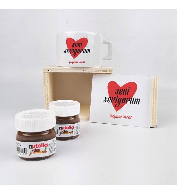 Sevgiliye Hediye Ahşap Kutuda İsme Özel Seni Seviyorum Tasarımlı Fincan Ve Nutella Seti