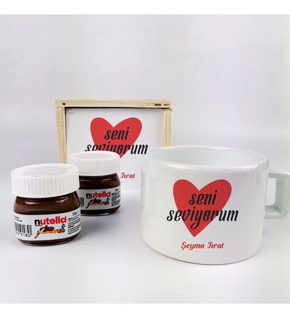 Sevgiliye Hediye Ahşap Kutuda İsme Özel Seni Seviyorum Tasarımlı Fincan Ve Nutella Seti