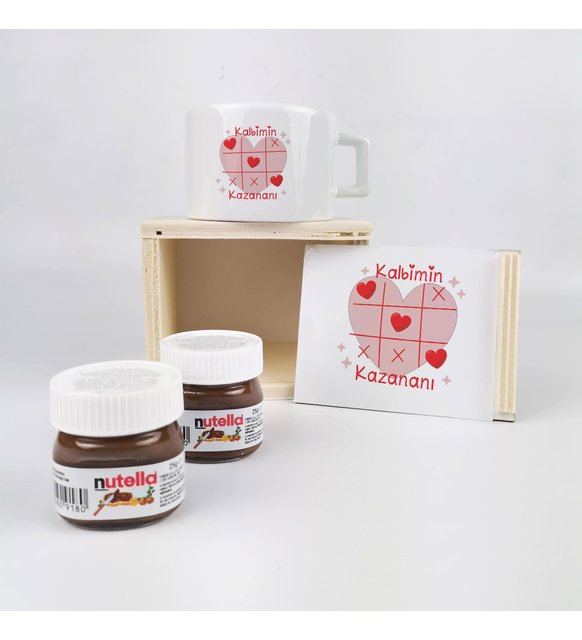Sevgiliye Hediye Ahşap Kutuda Kalbimin Kazananı Tasarımlı Fincan Ve Nutella Seti