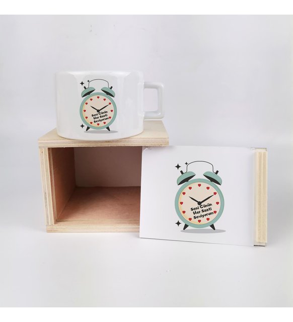 Sevgiliye Hediye Ahşap Kutuda Seni Günün Her Saati Seviyorum Tasarımlı Fincan Seti