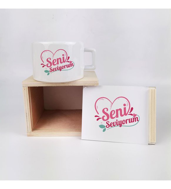 Sevgiliye Hediye Ahşap Kutuda Seni Seviyorum Tasarımlı Fincan Seti