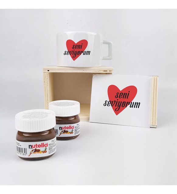 Sevgiliye Hediye Ahşap Kutuda Seni Seviyorum Tasarımlı Fincan Ve Nutella Seti